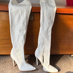 White Croc-Texture Over-the-Knee Stiletto Boots